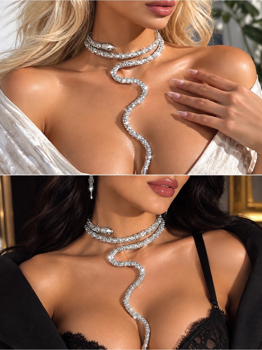 Silver Rhinestone Snake Necklace 29.5” - Picture 8 of 8